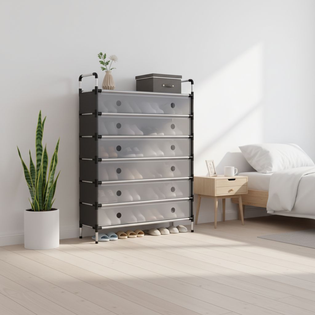 6-Tier Dustproof Shoe Rack - Bedroom Setting